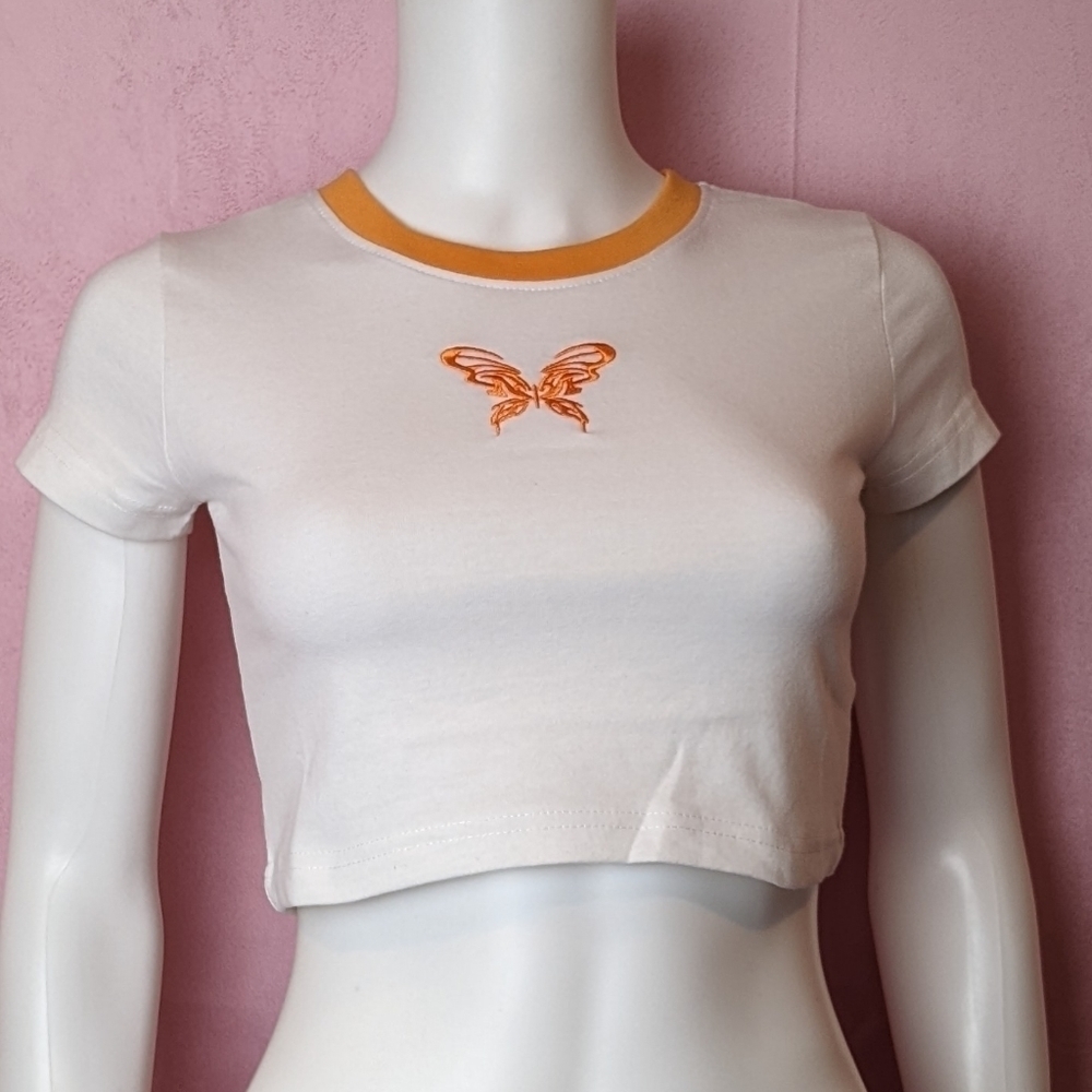 Daisy Street Dolls Kill White Cropped Butterfly Embroidery Baby Tee size XS